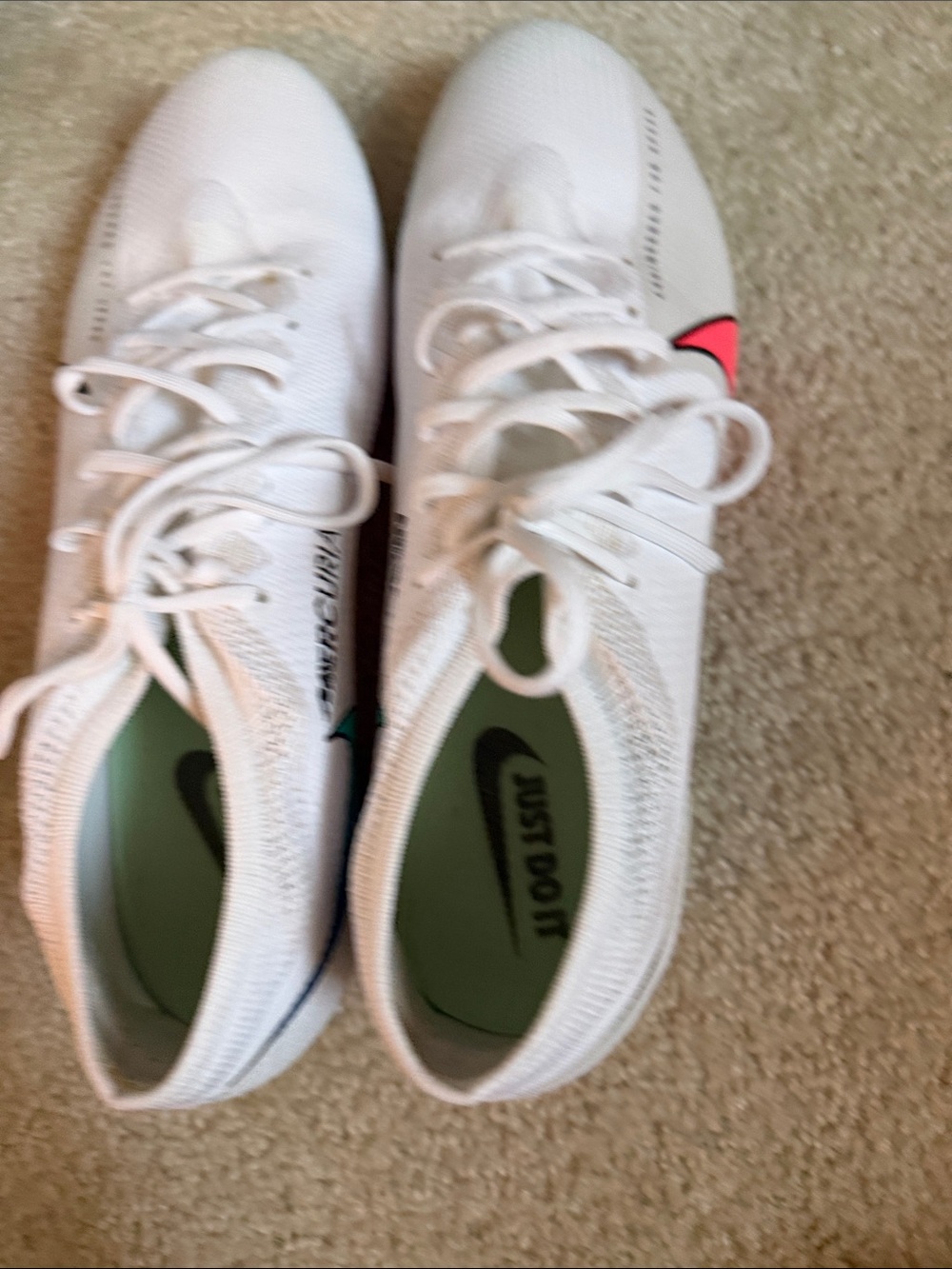 New Nike White Flyknit Sneakers with Pink and Teal Swooshes Size 13